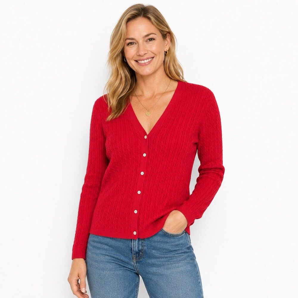 Lauren Ralph Lauren Vintage Red Cable Knit Cardigan Women’s XL Cotton Blend 90s